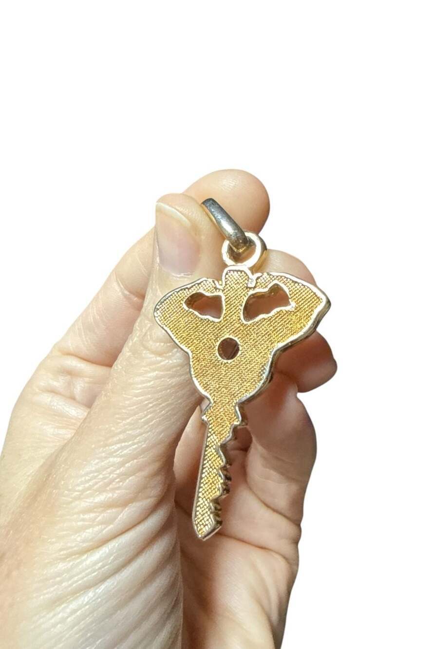 Vintage Gold Tone Key Pendant Charm Textured Ornate Skeleton Key Gothic Jewelry